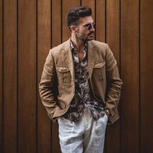 SAND Copenhagen Men's Collared Linen Shirt Denim Paisley